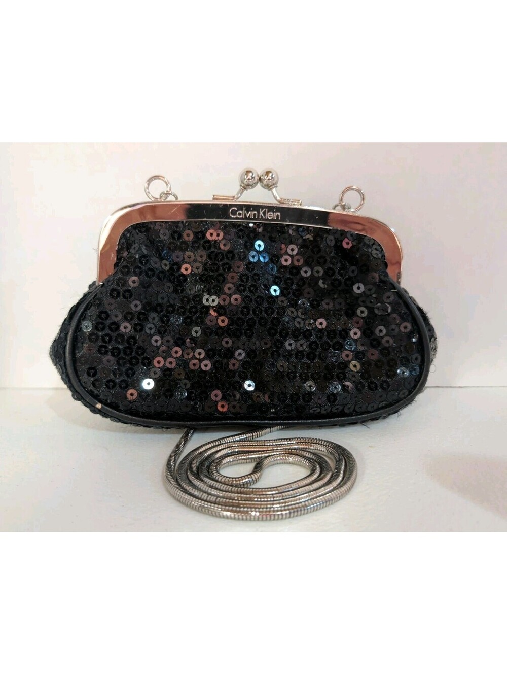 Calvin Klein Women's Black Sequin Clutch Purse Kiss Lock Silver Chain Strap